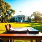 Flick International Serene view of the White House surrounded by lush greenery