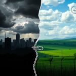 Flick International A split view highlighting the contrasting landscapes of San Salvador and idyllic countryside representing the Democratic Party's divide over immigration issues