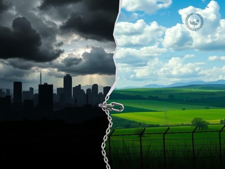 Flick International A split view highlighting the contrasting landscapes of San Salvador and idyllic countryside representing the Democratic Party's divide over immigration issues