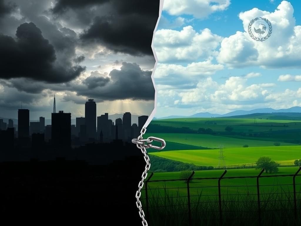 Flick International A split view highlighting the contrasting landscapes of San Salvador and idyllic countryside representing the Democratic Party's divide over immigration issues