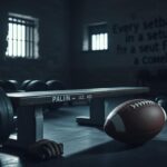 Flick International Close-up of a rugged prison weight bench with free weights in a dimly lit gym