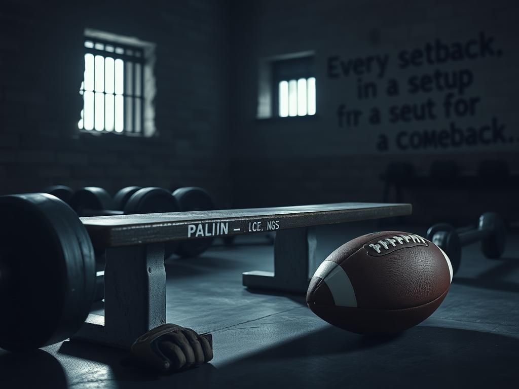 Flick International Close-up of a rugged prison weight bench with free weights in a dimly lit gym