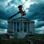 Flick International A gavel striking a sound block, symbolizing justice, against the backdrop of the United Nations building with dark clouds above.