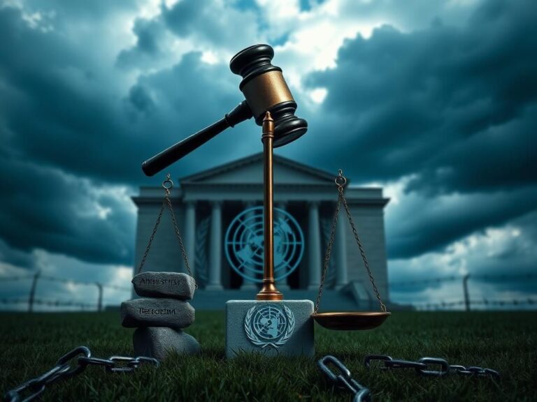 Flick International A gavel striking a sound block, symbolizing justice, against the backdrop of the United Nations building with dark clouds above.