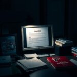 Flick International Dimly lit office scene with a cluttered desk, computer displaying sensitive information, and a photo of a football moment