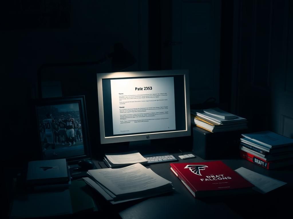 Flick International Dimly lit office scene with a cluttered desk, computer displaying sensitive information, and a photo of a football moment