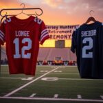 Flick International Football jerseys representing Travis Hunter and Shedeur Sanders during the jersey retirement ceremony
