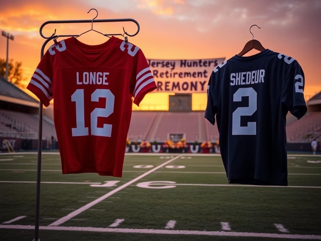 Flick International Football jerseys representing Travis Hunter and Shedeur Sanders during the jersey retirement ceremony