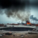 Flick International aftermath of the explosion at Bandar Abbas port showing a deep crater and damaged containers