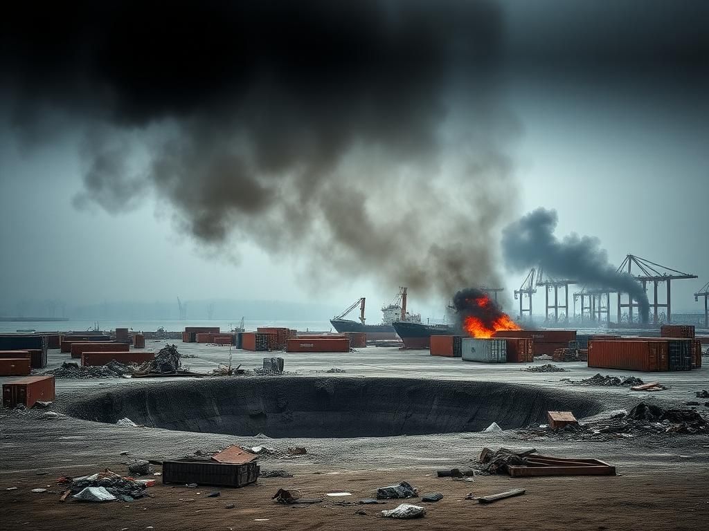 Flick International aftermath of the explosion at Bandar Abbas port showing a deep crater and damaged containers