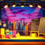 Flick International A vibrant comedy stage set with colorful props and an urban skyline backdrop