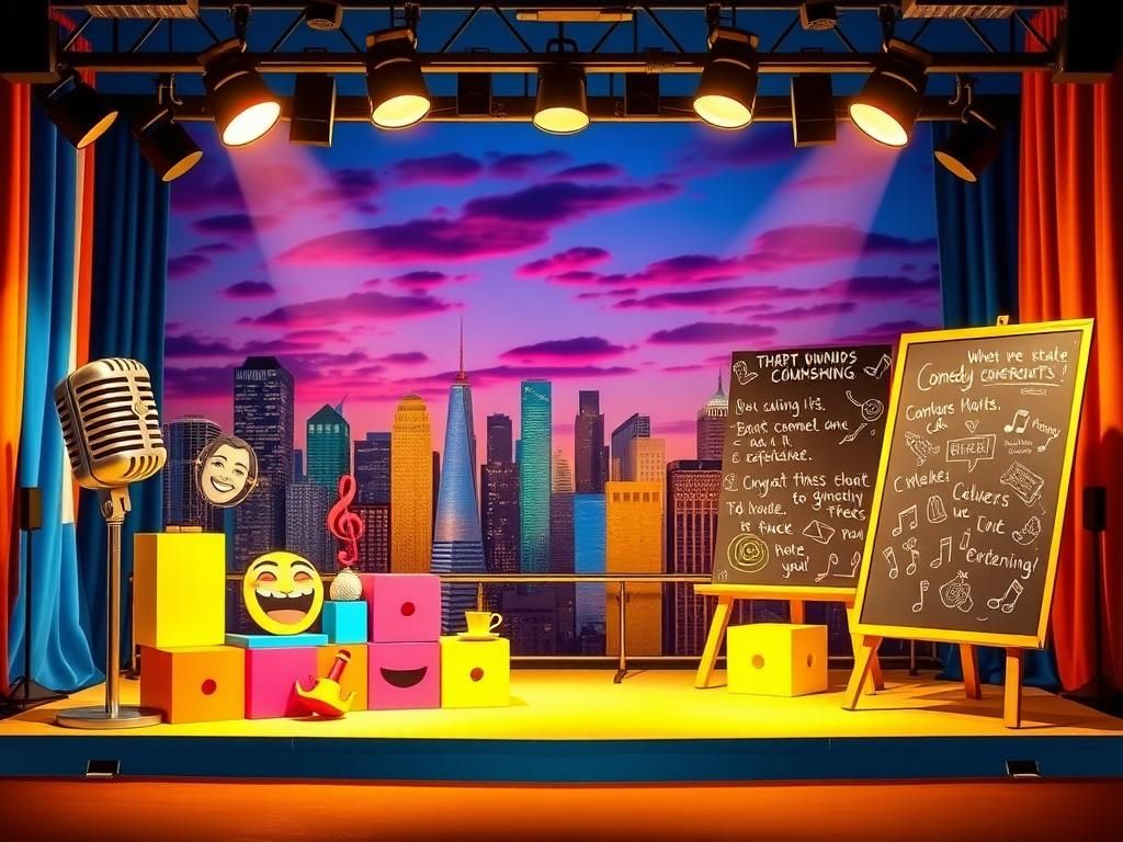 Flick International A vibrant comedy stage set with colorful props and an urban skyline backdrop