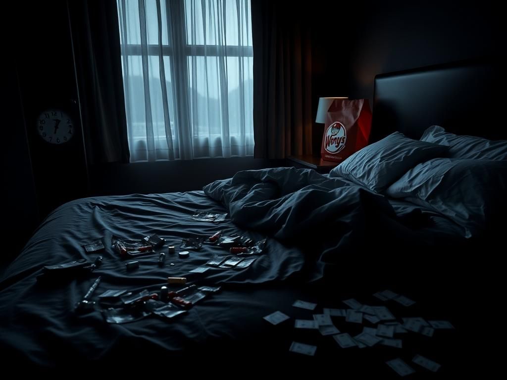 Flick International Dark hotel room scene depicting drug paraphernalia and a takeout bag from Wendy's