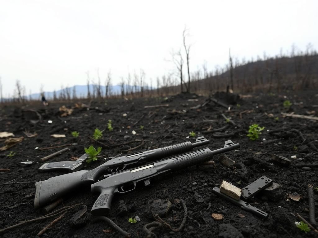 Flick International Aftermath of the Palisades Fire displaying damaged firearms amidst charred terrain