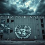 Flick International A crumbling United Nations building symbolizing criticism of international relations