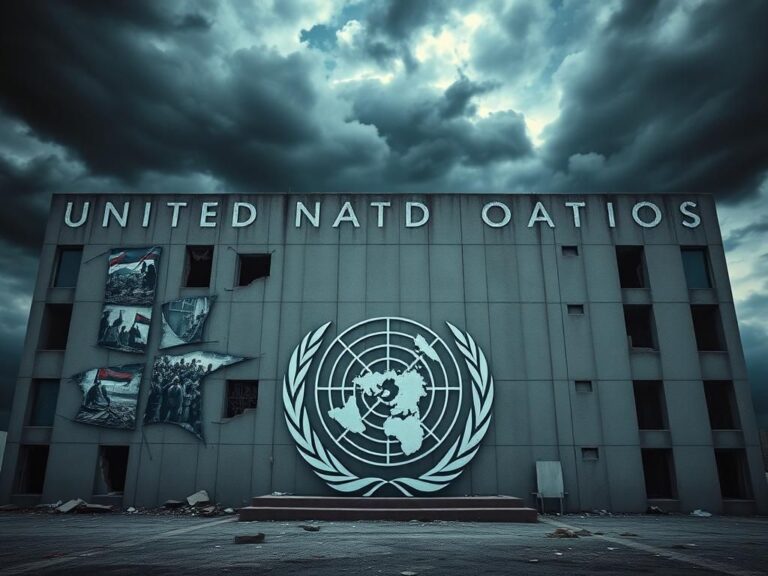 Flick International A crumbling United Nations building symbolizing criticism of international relations