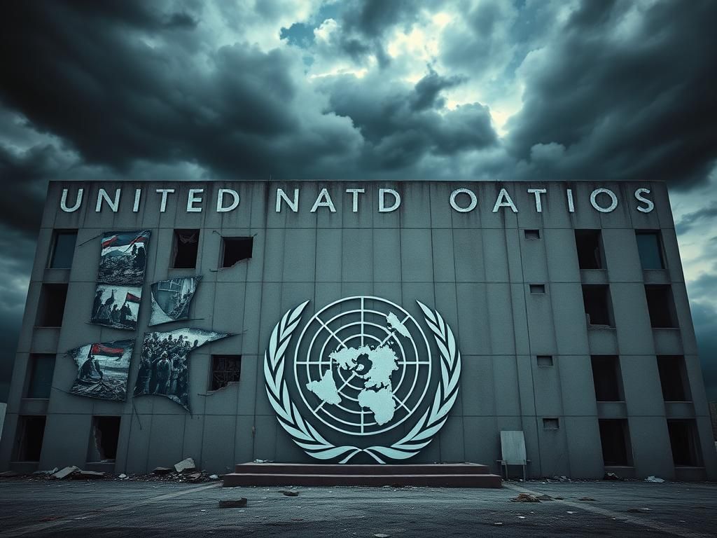 Flick International A crumbling United Nations building symbolizing criticism of international relations