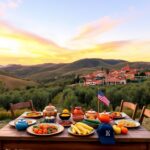 Flick International Serene Spanish countryside with rolling hills and olive groves at sunset, featuring a rustic wooden table set for a family meal