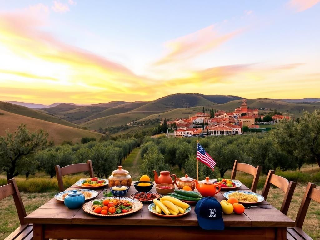 Flick International Serene Spanish countryside with rolling hills and olive groves at sunset, featuring a rustic wooden table set for a family meal