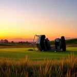 Flick International Overturned golf cart on a serene golf course at sunset