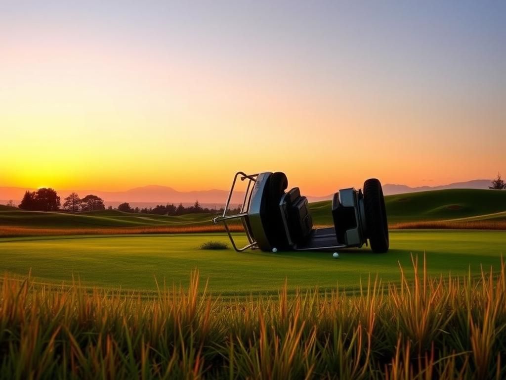 Flick International Overturned golf cart on a serene golf course at sunset