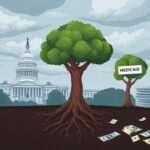 Flick International Conceptual illustration of public entitlements with a strong Social Security tree and a withered Medicaid tree near the U.S. Capitol