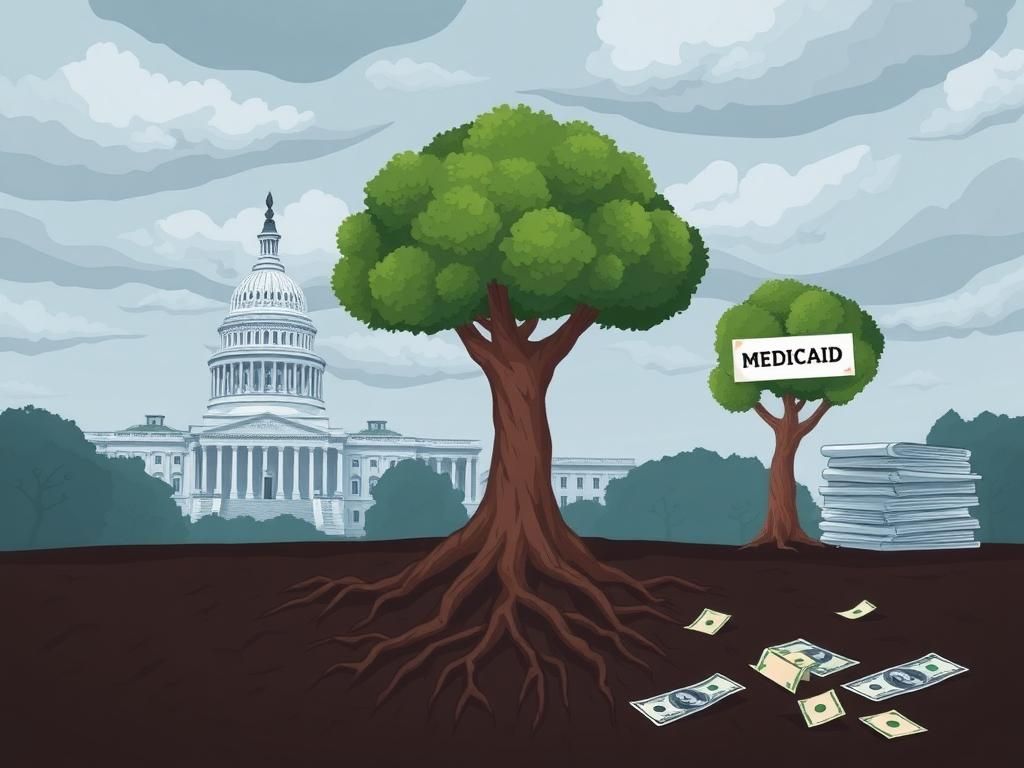 Flick International Conceptual illustration of public entitlements with a strong Social Security tree and a withered Medicaid tree near the U.S. Capitol