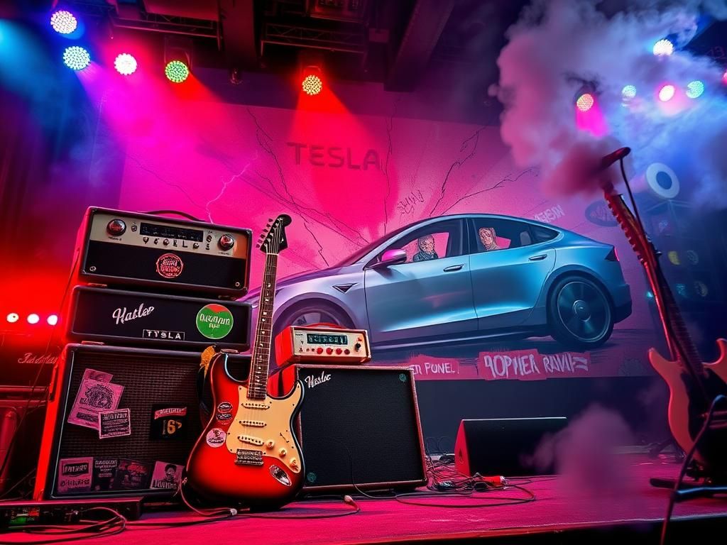 Flick International Vintage electric guitar leaning against amplifiers with political stickers at a dynamic rock concert