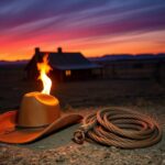 Flick International Serene Texas landscape at dusk with a rustic ranch house partially engulfed in flames