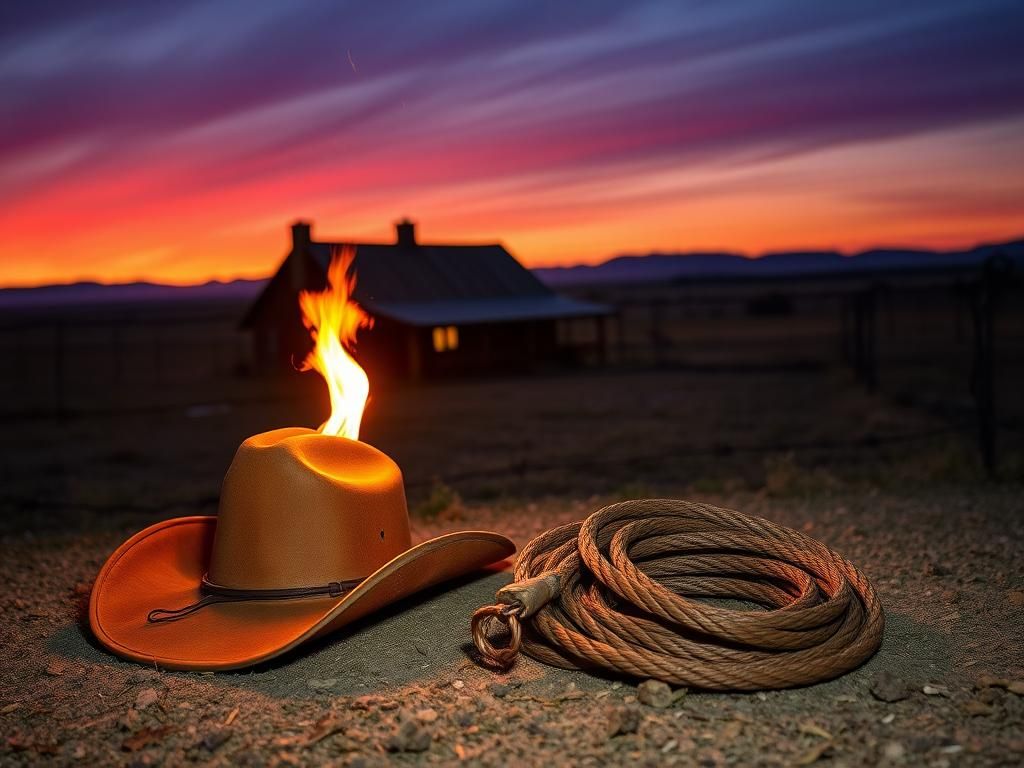 Flick International Serene Texas landscape at dusk with a rustic ranch house partially engulfed in flames