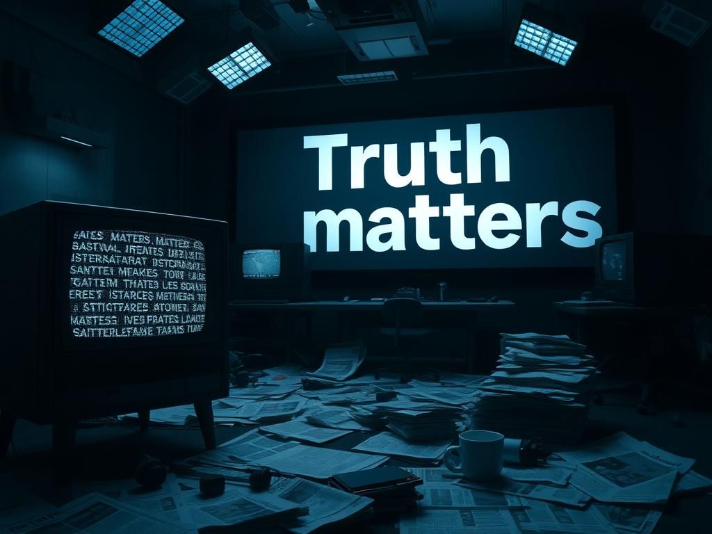 Flick International Dimly lit newsroom with vintage television showing static