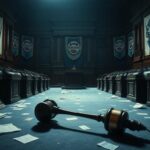 Flick International Empty congressional chamber with dusty podiums and faded Democratic banners