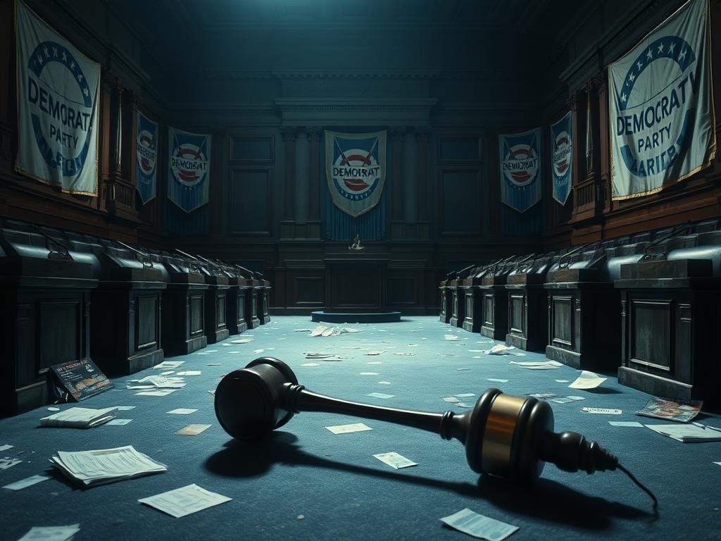 Flick International Empty congressional chamber with dusty podiums and faded Democratic banners