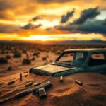 Flick International Desert landscape with abandoned vehicle and discarded weapons near U.S.-Mexico border