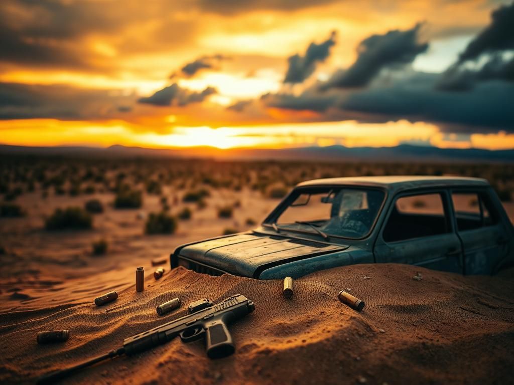 Flick International Desert landscape with abandoned vehicle and discarded weapons near U.S.-Mexico border