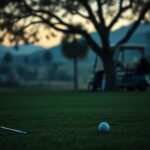 Flick International A serene golf course scene with a parked golf cart and fallen golf ball