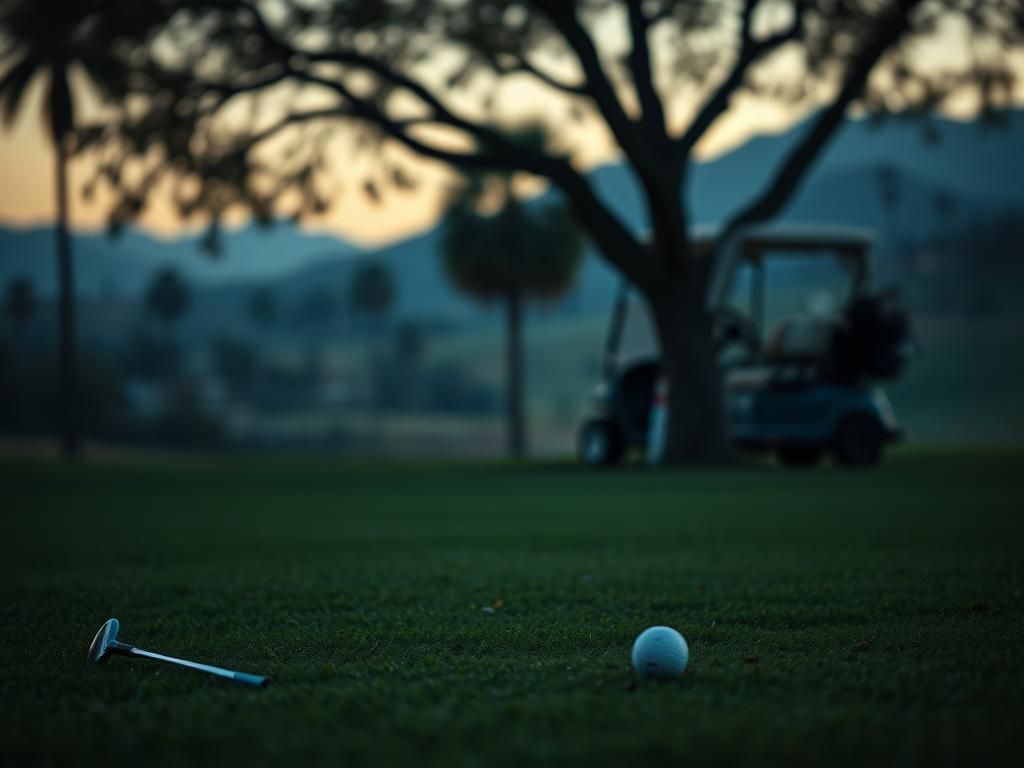 Flick International A serene golf course scene with a parked golf cart and fallen golf ball