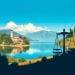 Flick International Serene landscape depicting George and Amal Clooney's globe-trotting lifestyle with iconic landmarks.