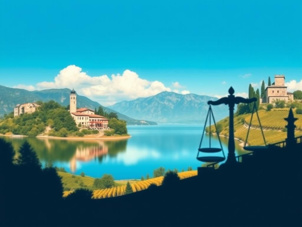 Flick International Serene landscape depicting George and Amal Clooney's globe-trotting lifestyle with iconic landmarks.