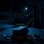 Flick International Dimly lit porch with unmarked delivery bag and police tape hinting at a crime scene