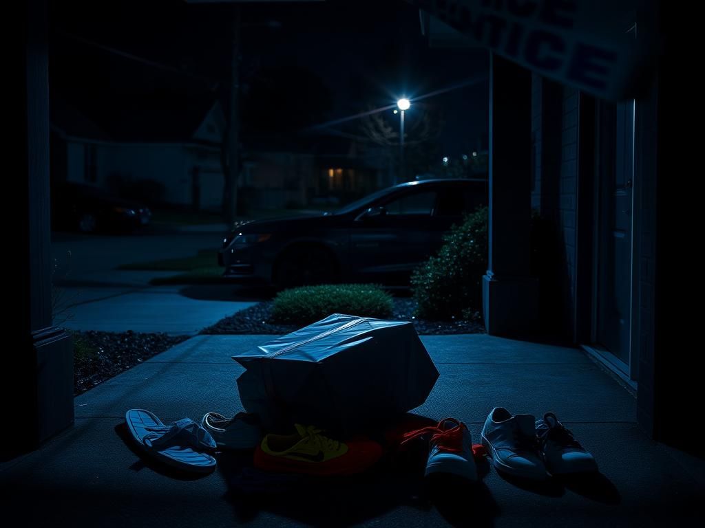 Flick International Dimly lit porch with unmarked delivery bag and police tape hinting at a crime scene