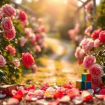 Flick International Vibrant rose garden with child-sized toys and soft sunlight