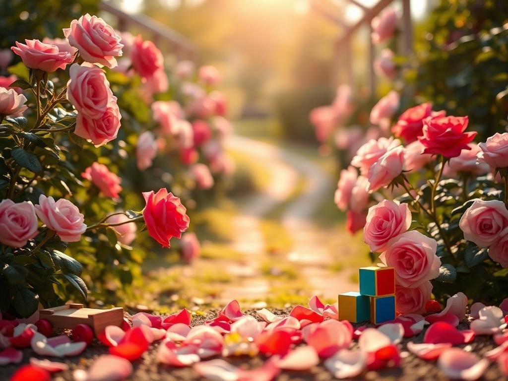 Flick International Vibrant rose garden with child-sized toys and soft sunlight