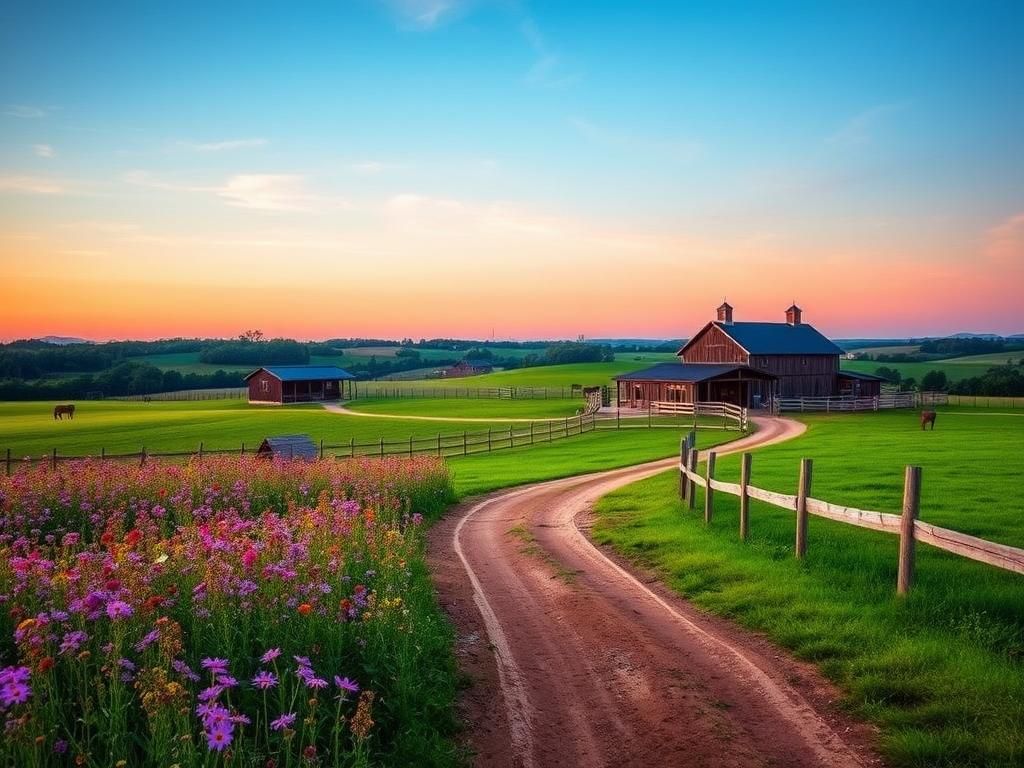 Flick International Rustic Tennessee landscape with a horse farm and wooden barn