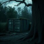 Flick International Eerie outdoor scene featuring a weathered storage container in a secluded wooded area