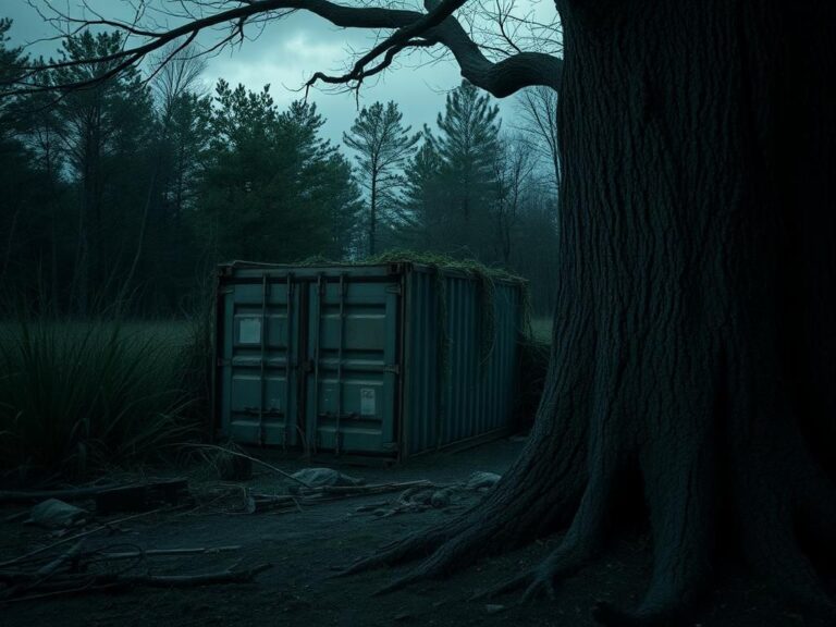 Flick International Eerie outdoor scene featuring a weathered storage container in a secluded wooded area