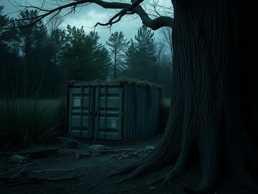 Flick International Eerie outdoor scene featuring a weathered storage container in a secluded wooded area