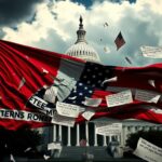 Flick International Cracked American flag fluttering against a stormy U.S. Capitol backdrop