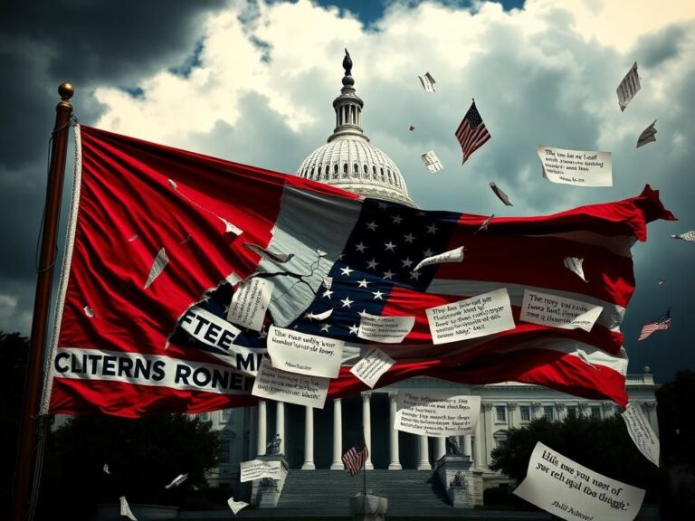 Flick International Cracked American flag fluttering against a stormy U.S. Capitol backdrop