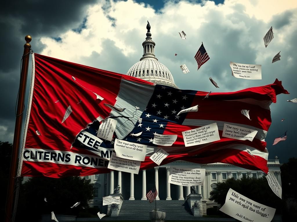 Flick International Cracked American flag fluttering against a stormy U.S. Capitol backdrop